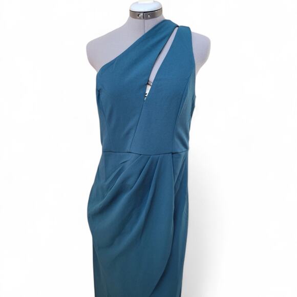 Lulus Fabulous Forever Teal One-Shoulder Cutout Tulip Midi Dress Size Large - Picture 2 of 8